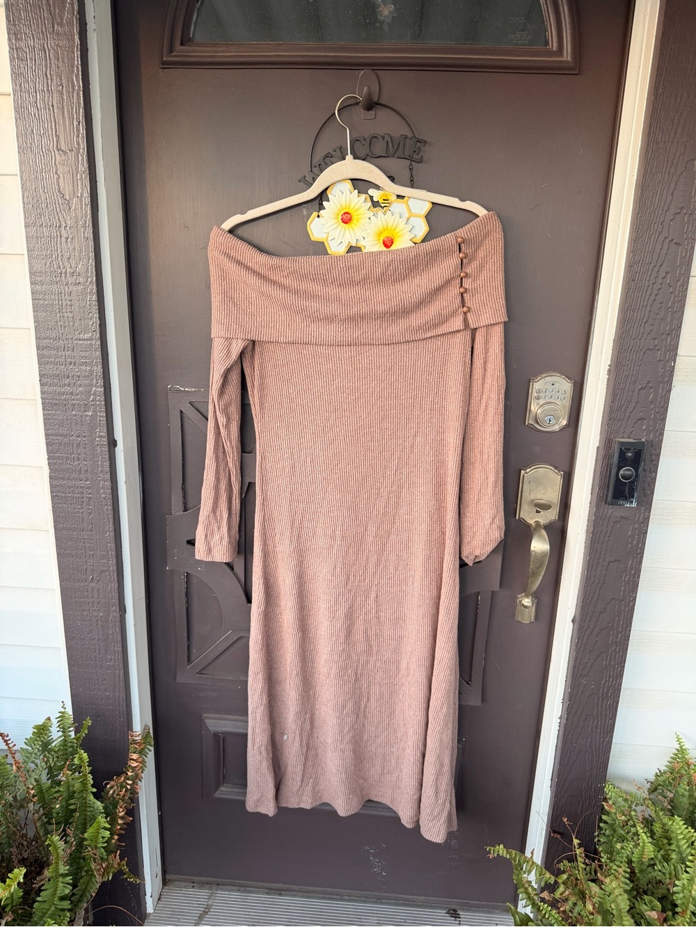 Off-Shoulder Ribbed Midi Dress in Dusty Rose